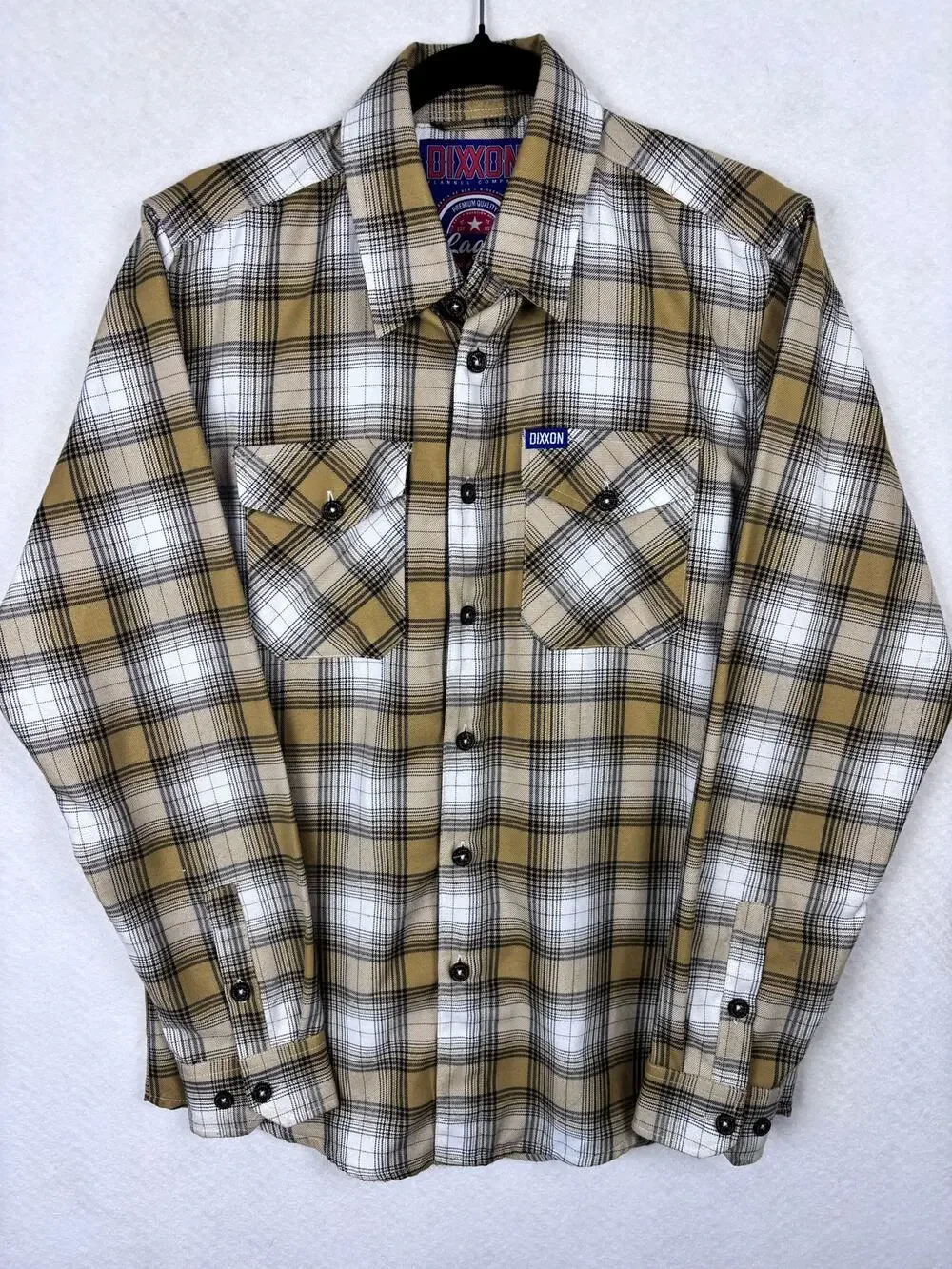 NWOT Dixxon Flannel Lager Men’s Small Tan White Black Plaid Button Up Shirt